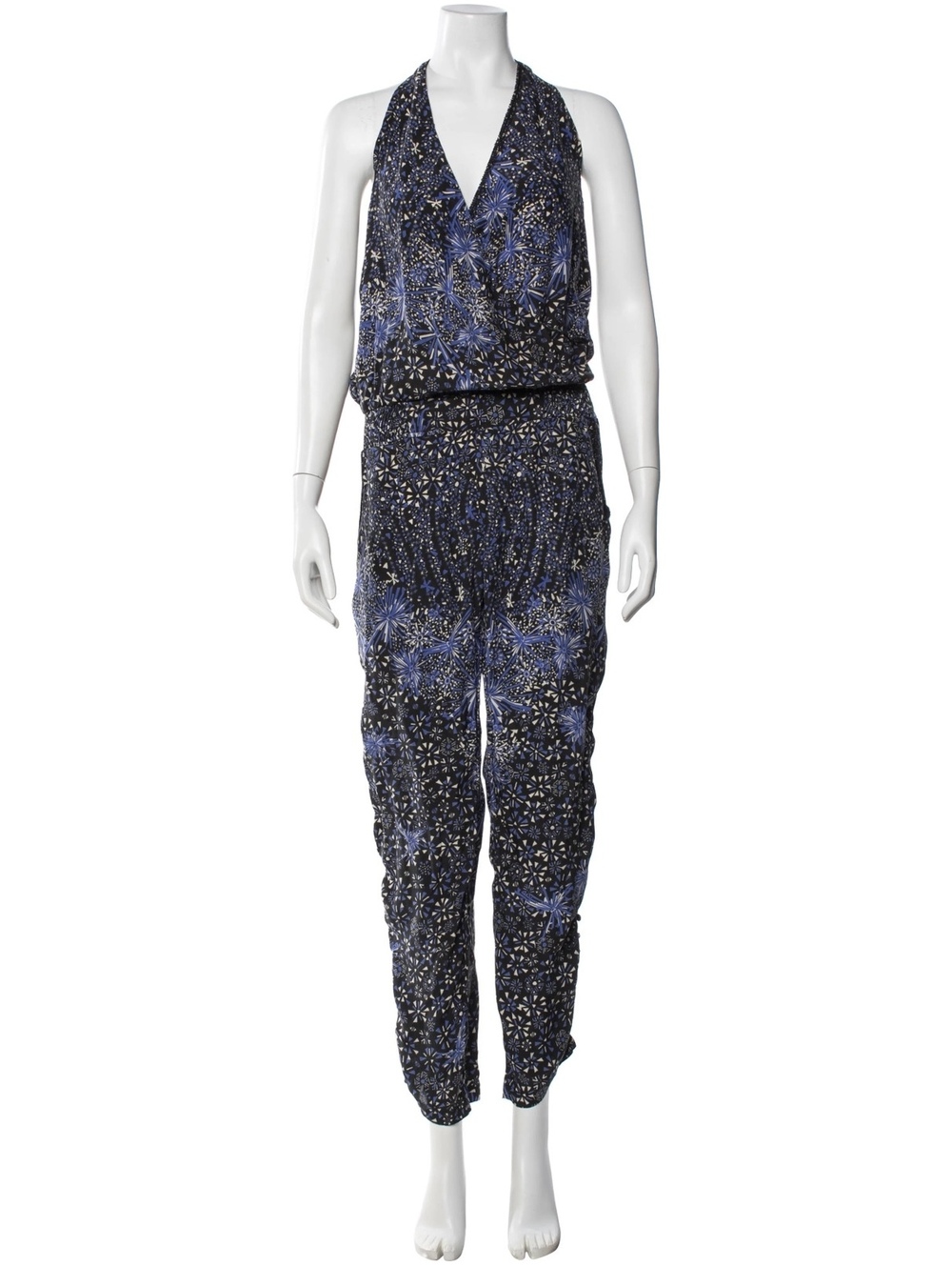 Poupette St Barth 100% Silk Blue FloralTapered Leg Jumpsuit XS Smocked, NWT